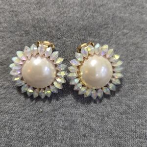 Vintage Marvella Signed AB Beaded Crystal Faux Pearl Gold Tone Clip On Earrings